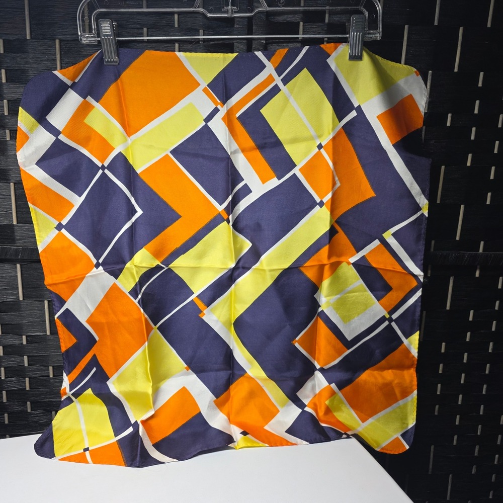 Vintage Style Geometric Square Scarf Orange Navy Yellow Abstract Mod Retro